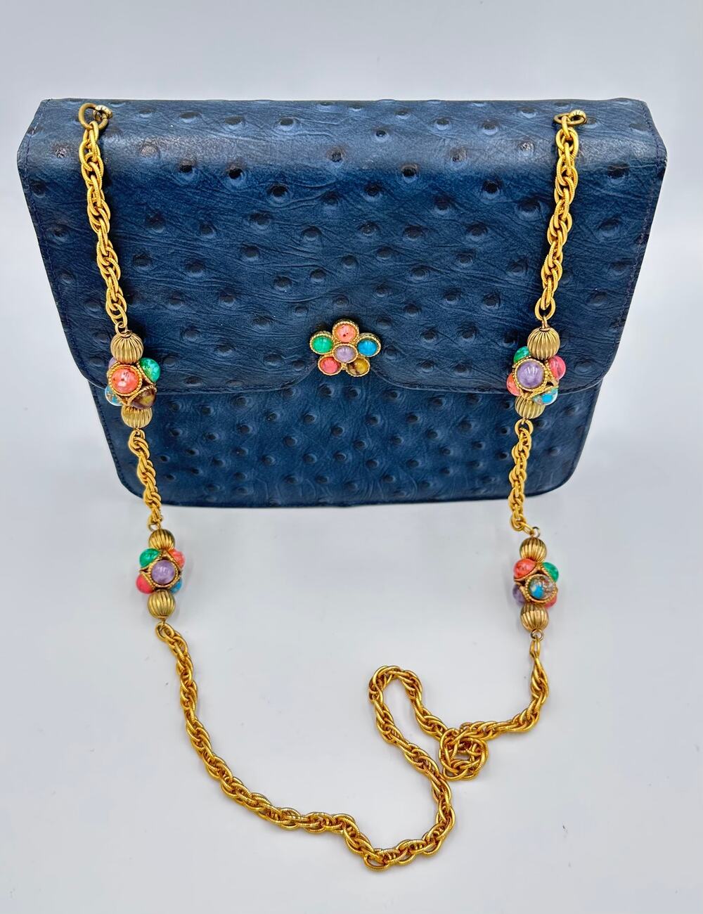 Juliart Lou-Ran Vintage Jeweled Ostrich Embossed Leather Shoulder Clutch Handbag